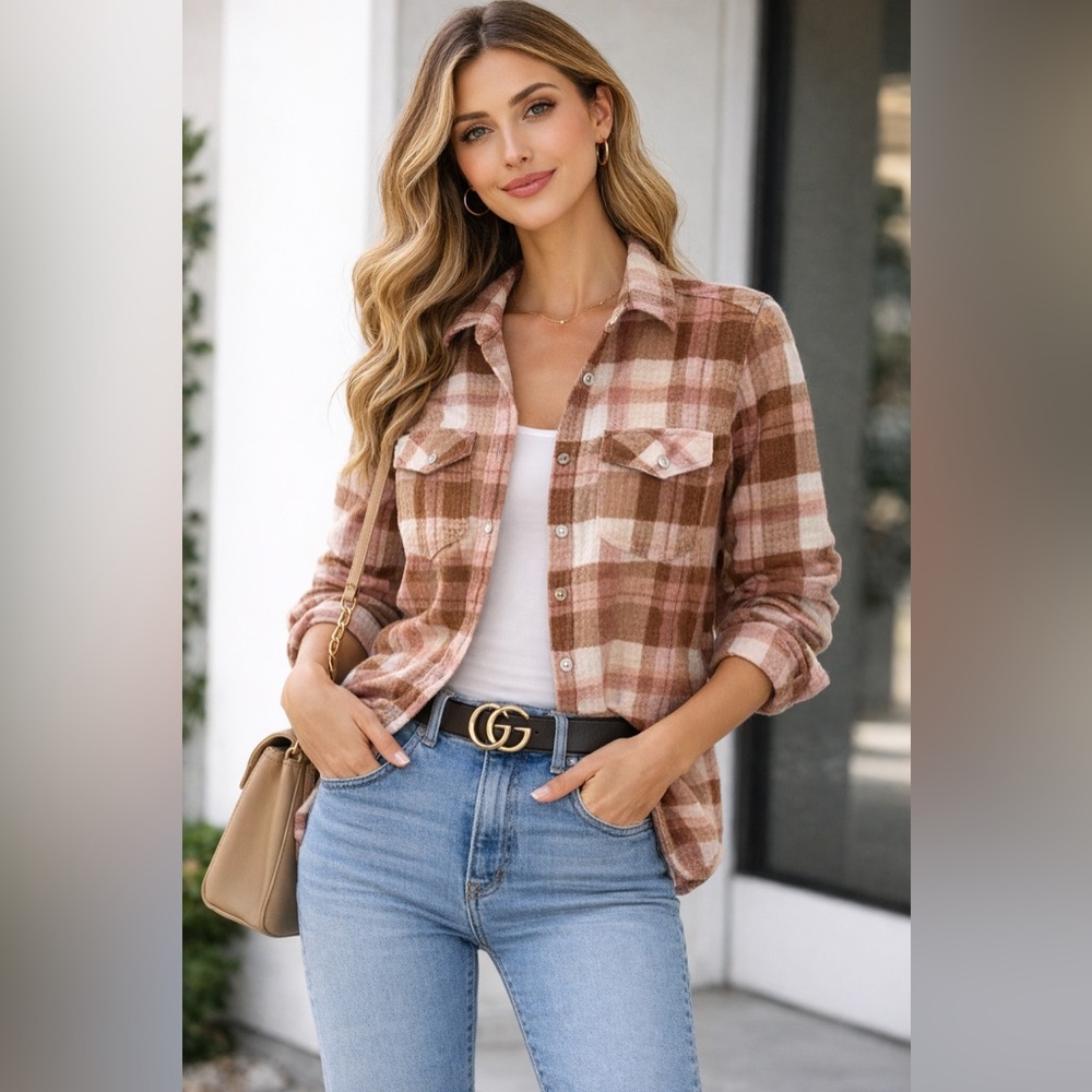 Eden & Olivia Plaid Flannel Shirt Pink Brown Button Down Women Size PS New